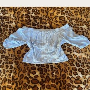 Blue Smocked Off-Shoulder Puff Sleeve Blouse